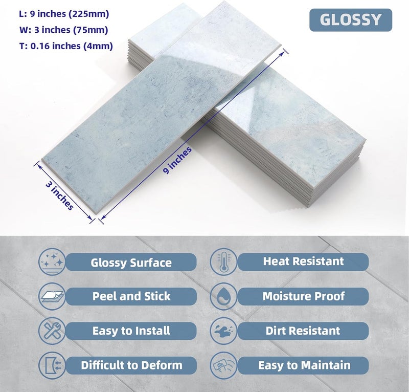 Tilingview 30 PCS Peel and Stick Backsplash Tile for Kitchen/Bathroom/Living Room, 3"x 9" Self-Adhesive Subway Tile for Backsplash, Imitation Glazed Tiles/Handmade Tiles (Glossy Pastel Blue) - Image 2